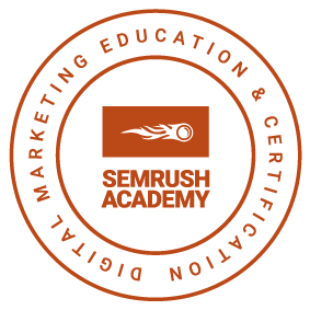 Digital marketing certification badge for Semrush Academy, featuring the logo and text emphasizing education and certification in digital marketing.